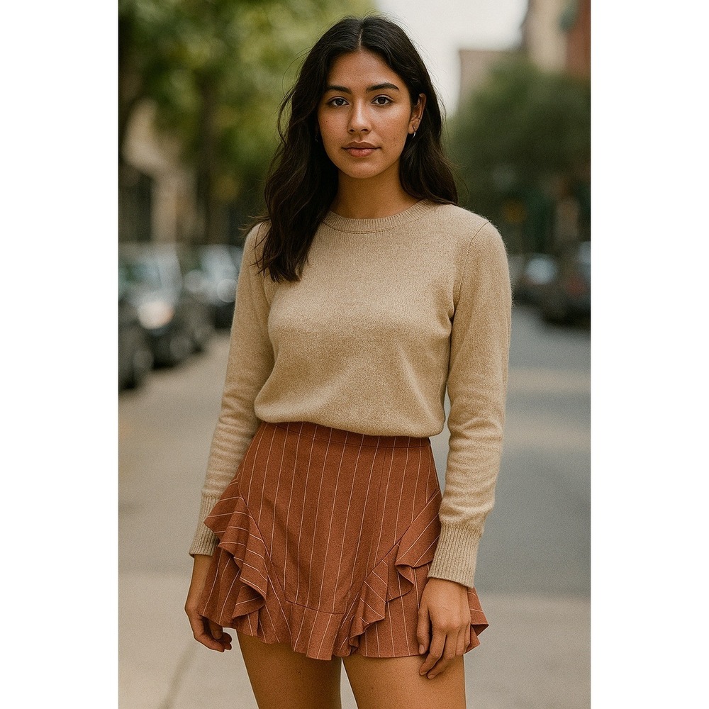 Saylor Skirt Womens Small Linen Blend Mini Rust Ruffle Hem Short Zip Up Flare